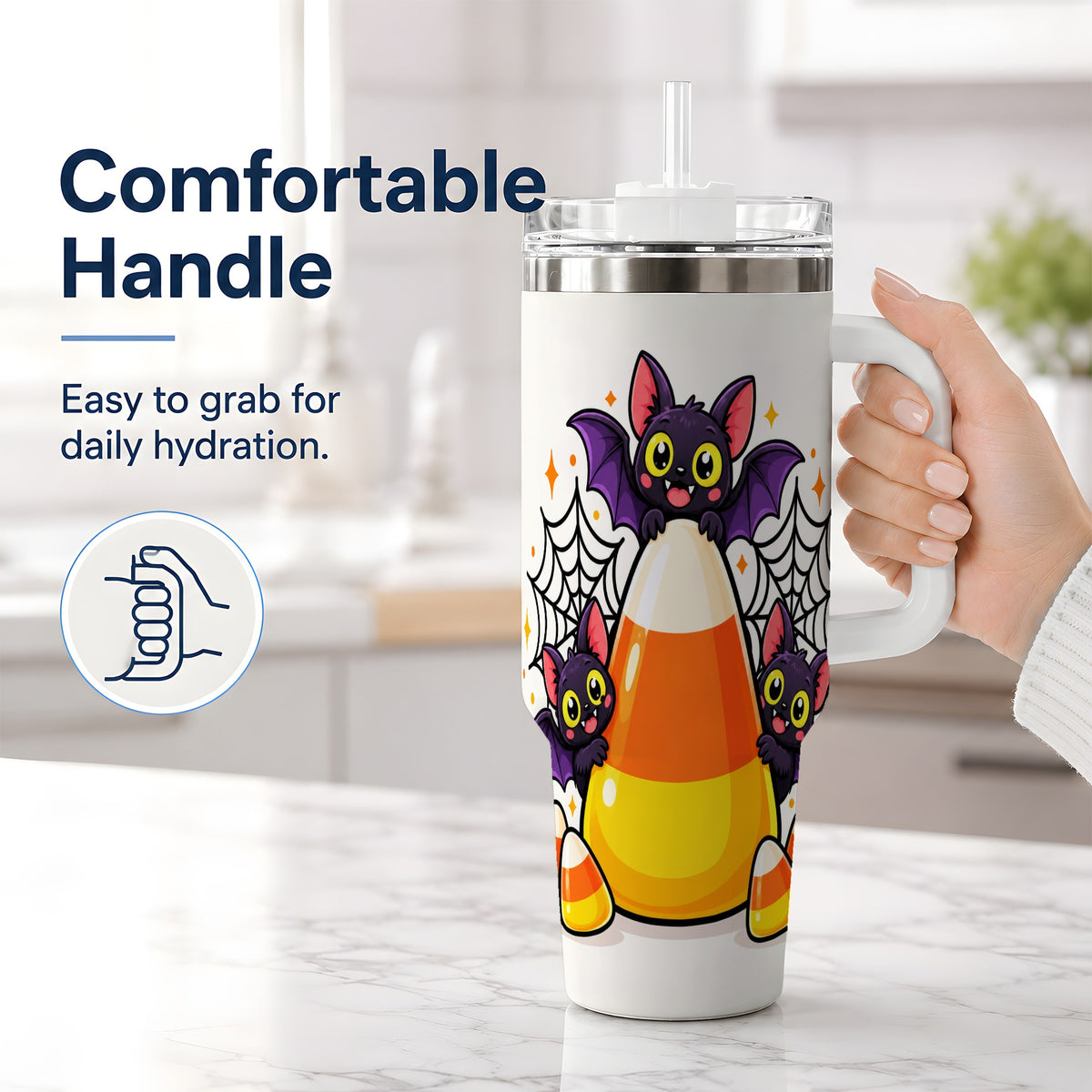 #pl[40oz|White] Halloween Bat Candy Corn 40oz Tumbler, Stainless Steel Drinkware