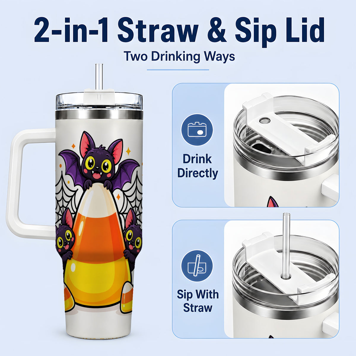 #pl[40oz|White] Halloween Bat Candy Corn 40oz Tumbler, Stainless Steel Drinkware