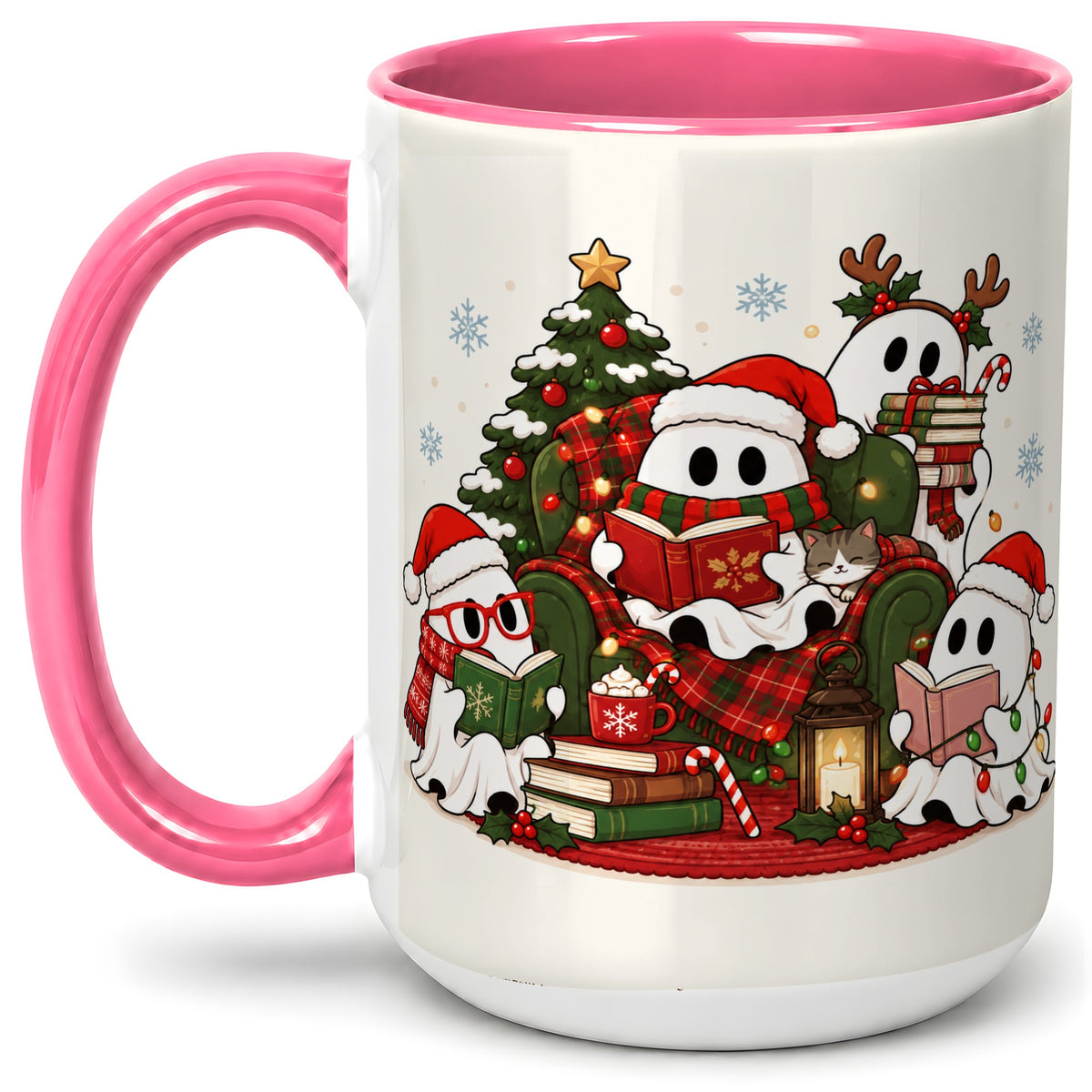 #pl[15oz|Pink] Christmas Reading Ghosts Ceramic Mug for Book Lovers