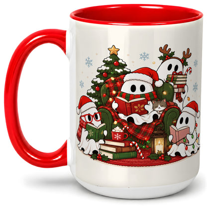 #pl[15oz|Red] Christmas Reading Ghosts Ceramic Mug for Book Lovers