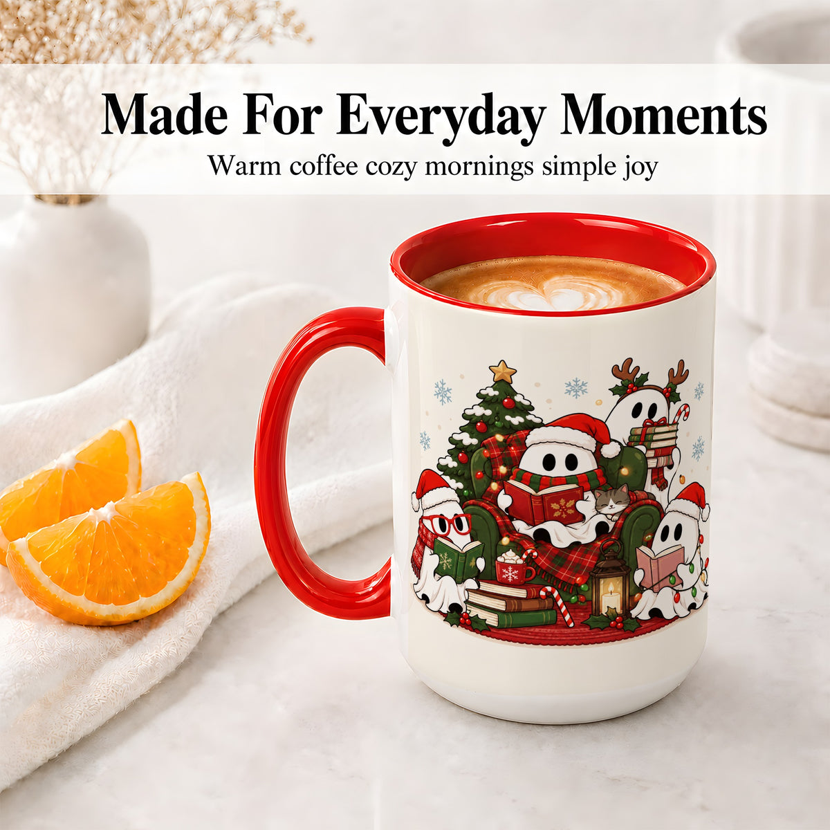 #pl[15oz|Red] Christmas Reading Ghosts Ceramic Mug for Book Lovers