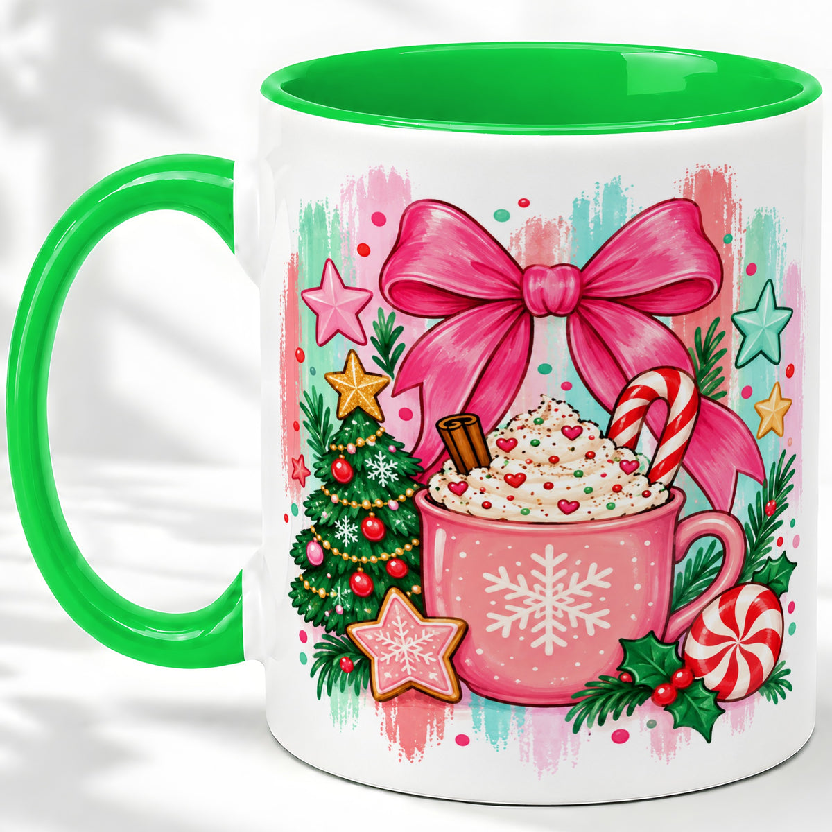 #pl[11oz|Green] Pink Christmas Cocoa Ceramic Mug for Holiday Fans