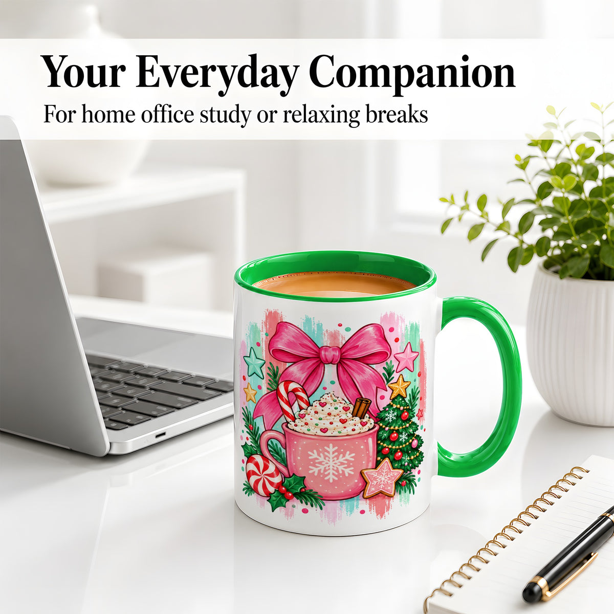 #pl[11oz|Green] Pink Christmas Cocoa Ceramic Mug for Holiday Fans