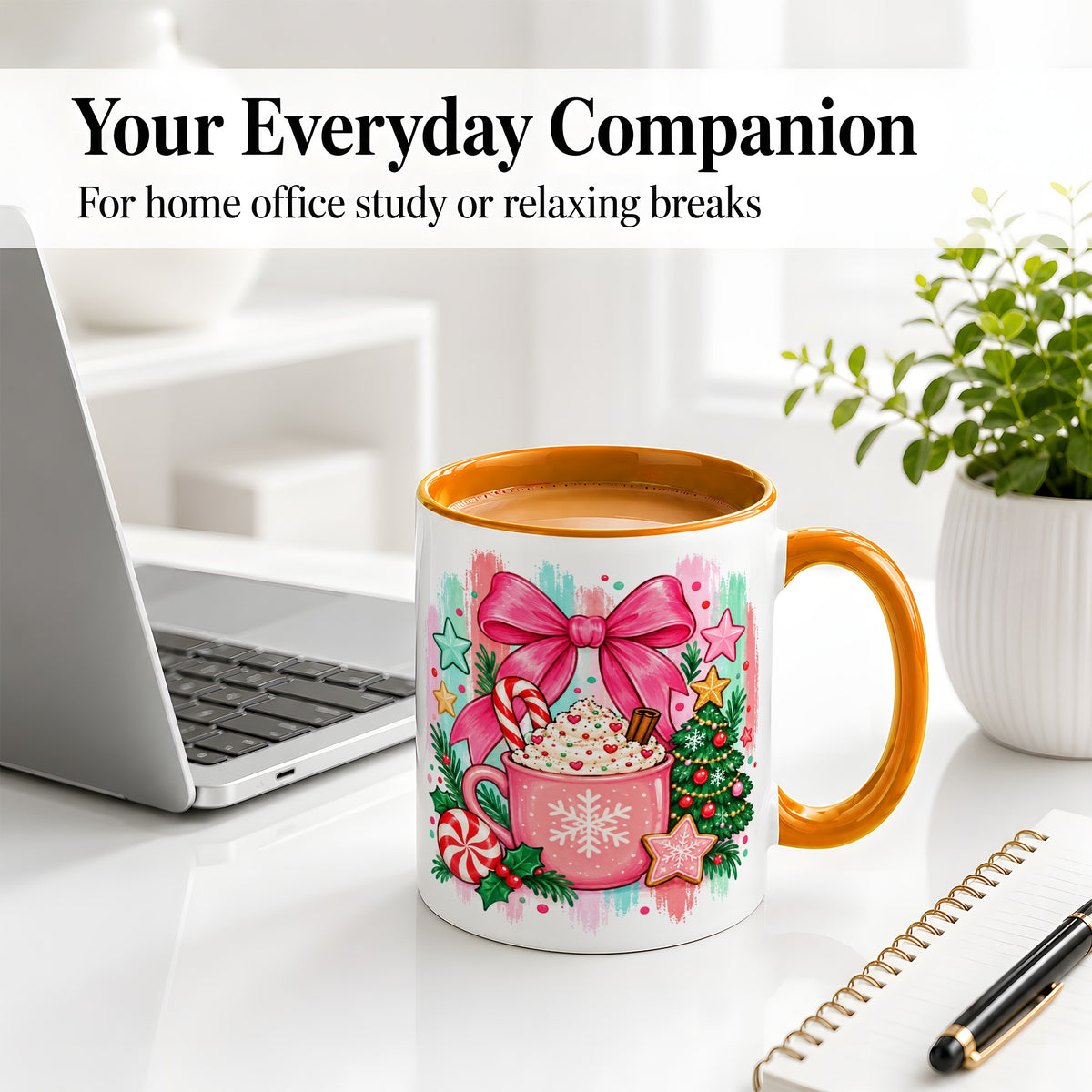 #pl[11oz|Orange] Pink Christmas Cocoa Ceramic Mug for Holiday Fans
