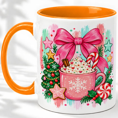 #pl[11oz|Orange] Pink Christmas Cocoa Ceramic Mug for Holiday Fans