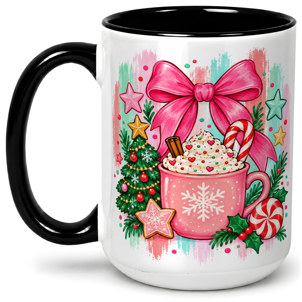 #pl[15oz|Black] Pink Christmas Cocoa Ceramic Mug for Holiday Fans