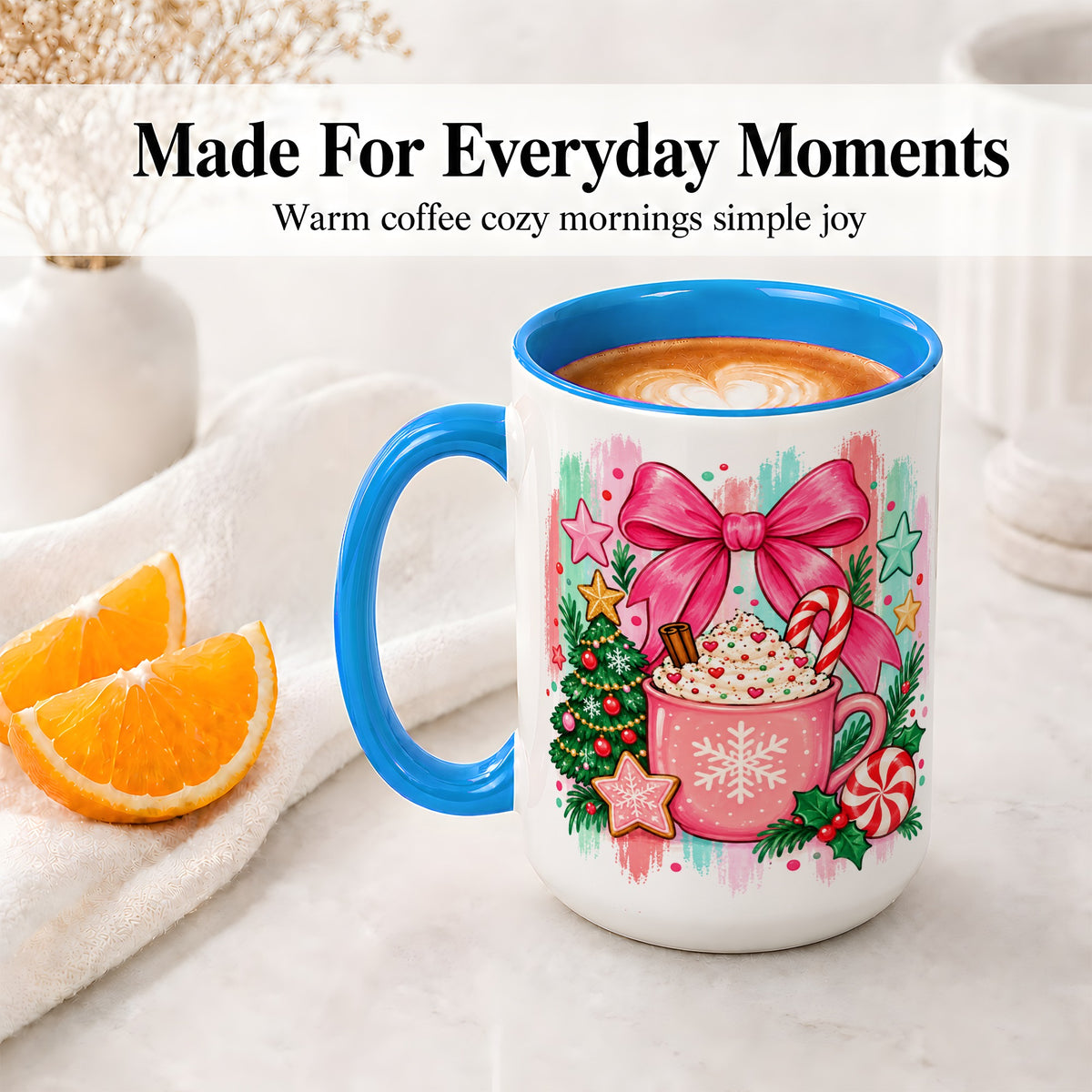 #pl[15oz|Blue] Pink Christmas Cocoa Ceramic Mug for Holiday Fans