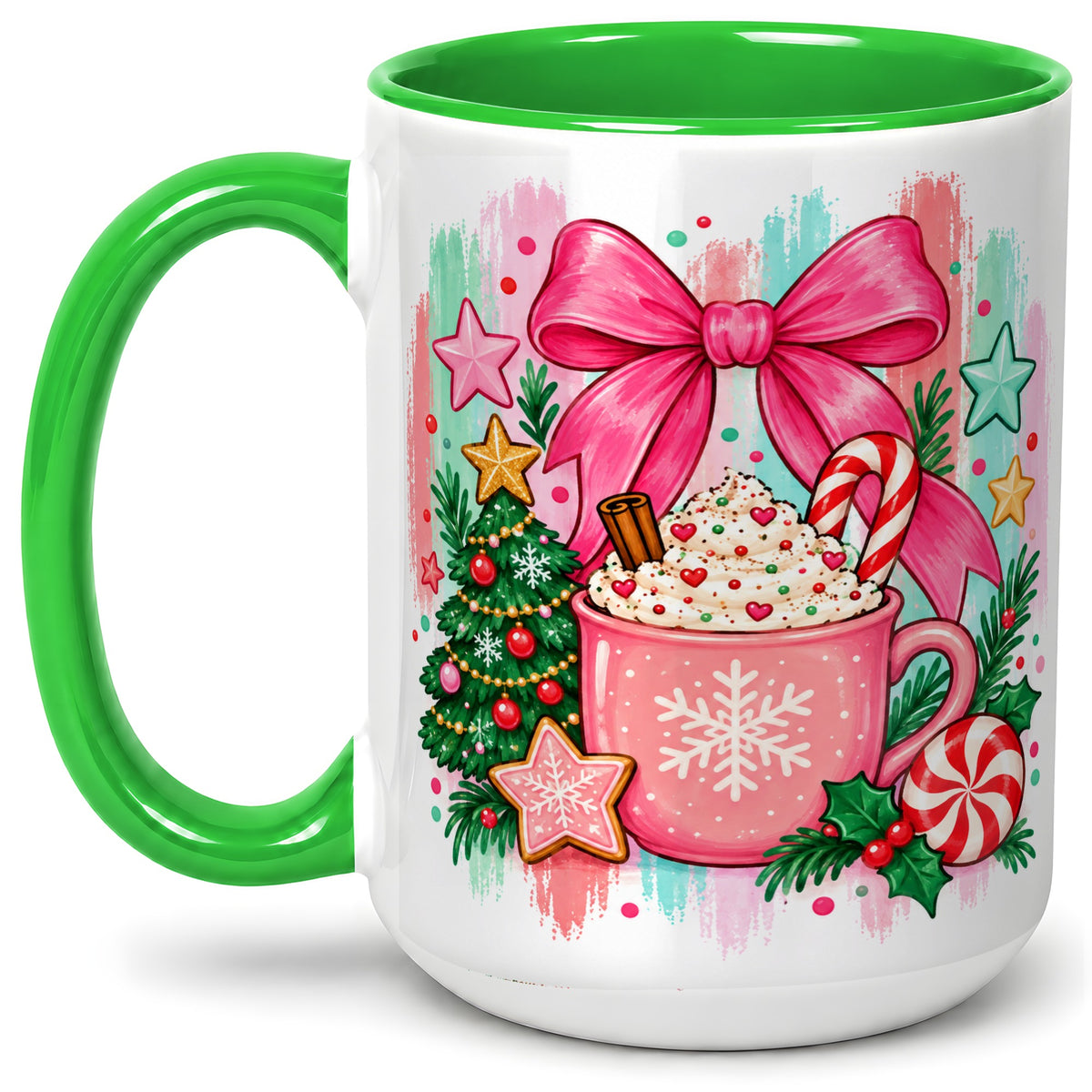 #pl[15oz|Green] Pink Christmas Cocoa Ceramic Mug for Holiday Fans