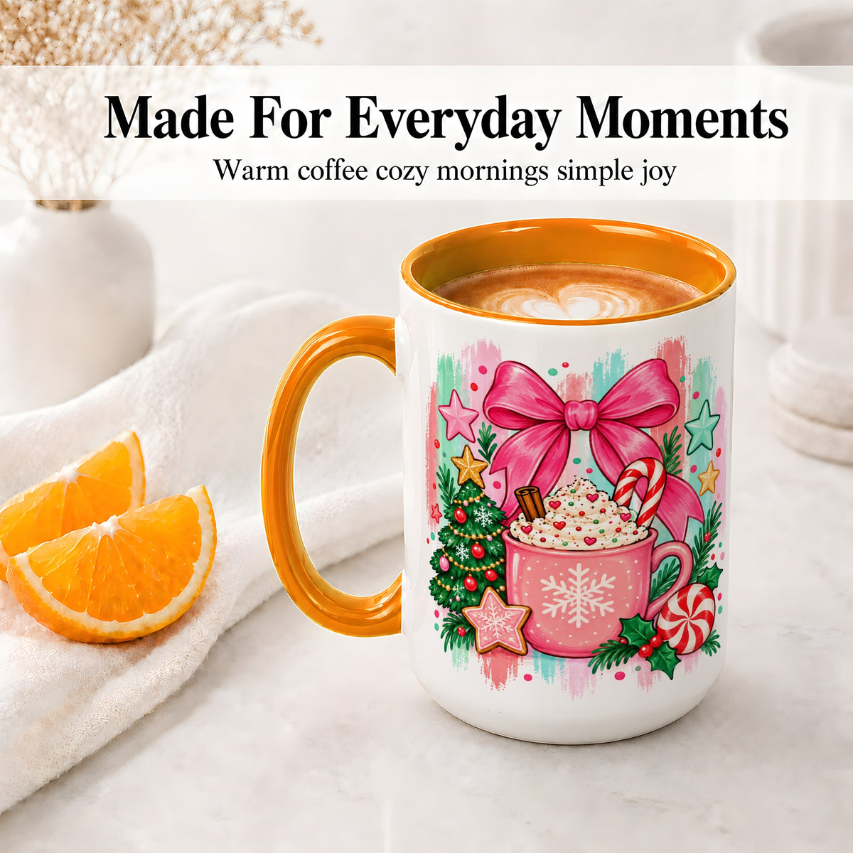 #pl[15oz|Orange] Pink Christmas Cocoa Ceramic Mug for Holiday Fans
