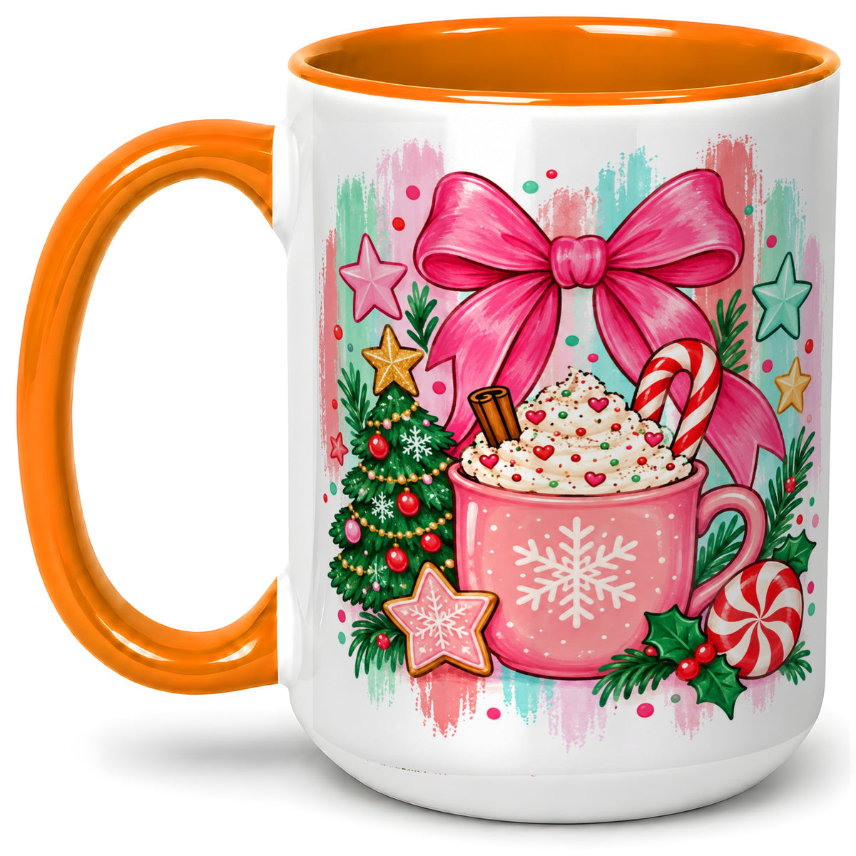 #pl[15oz|Orange] Pink Christmas Cocoa Ceramic Mug for Holiday Fans