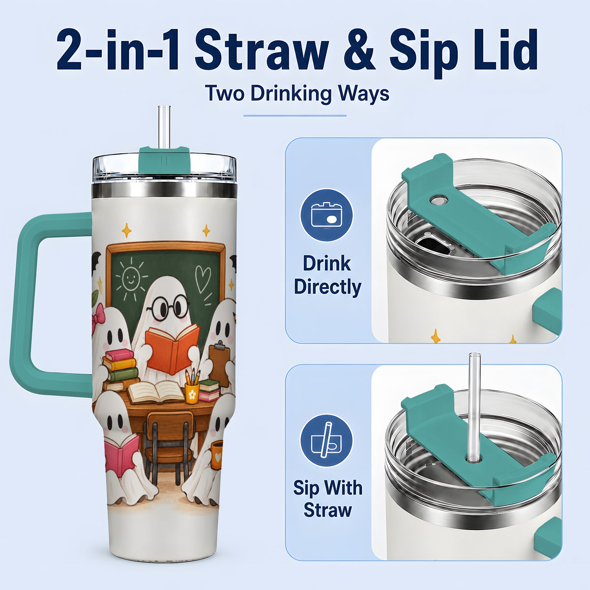 #pl[40oz|Green] Halloween Teacher Ghosts 40oz Tumbler, Stainless Steel for Teachers