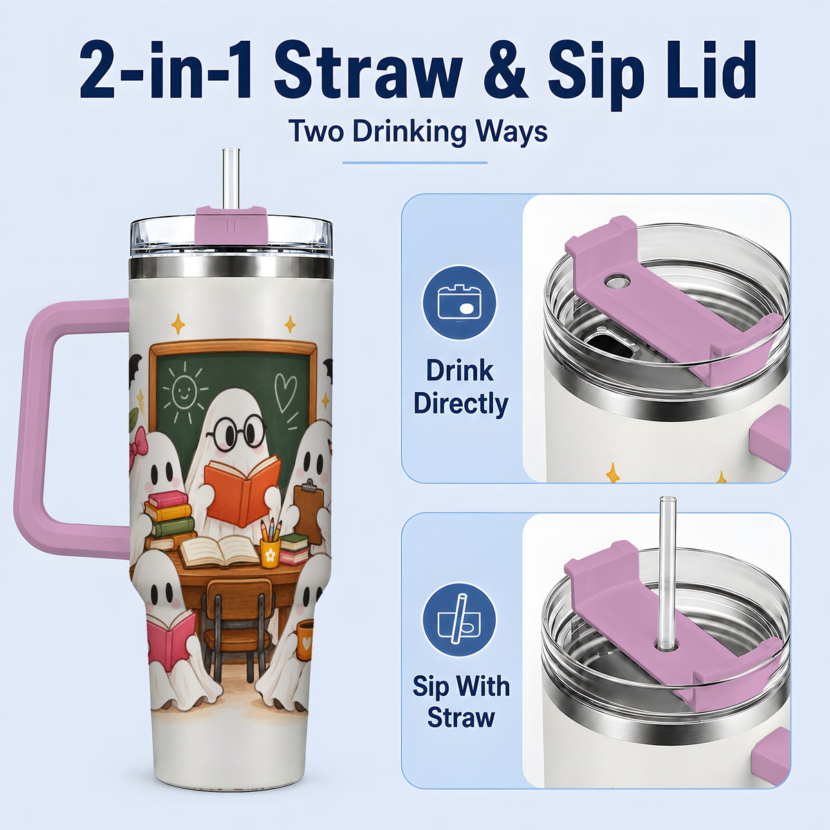 #pl[40oz|Pink] Halloween Teacher Ghosts 40oz Tumbler, Stainless Steel for Teachers