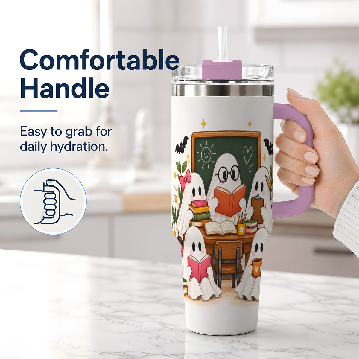 #pl[40oz|Pink] Halloween Teacher Ghosts 40oz Tumbler, Stainless Steel for Teachers