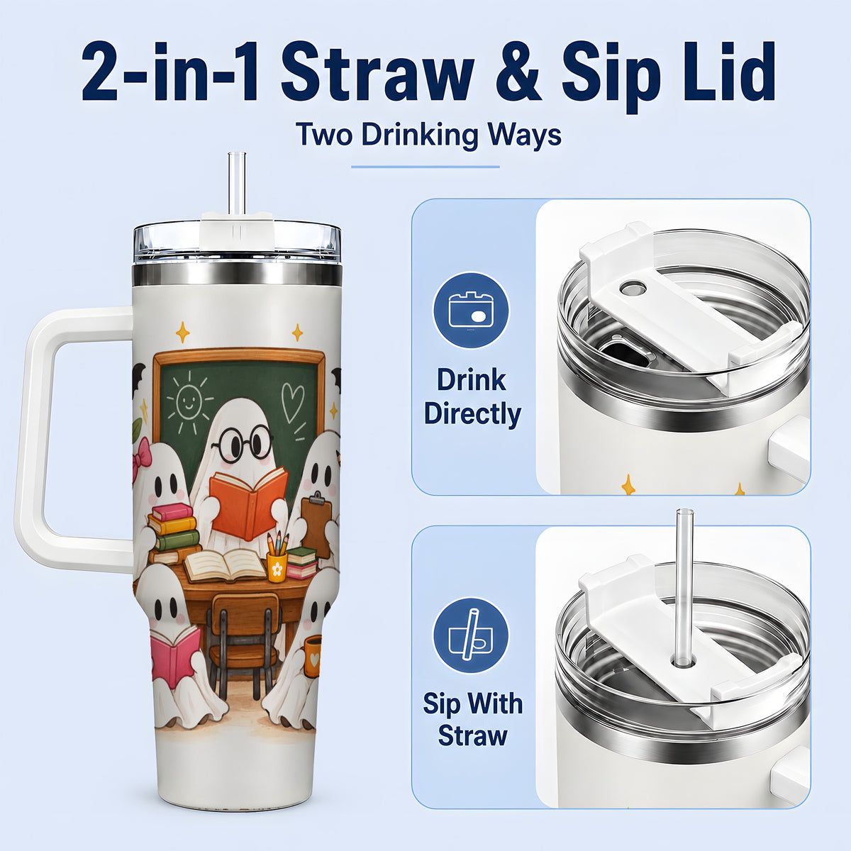 #pl[40oz|White] Halloween Teacher Ghosts 40oz Tumbler, Stainless Steel for Teachers