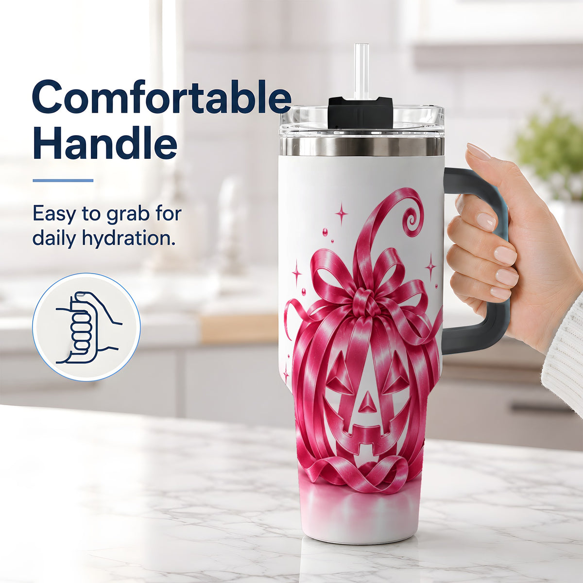 #pl[40oz|Black] Pink Bow Halloween Pumpkin 40oz Tumbler, Stainless Steel Drinkware