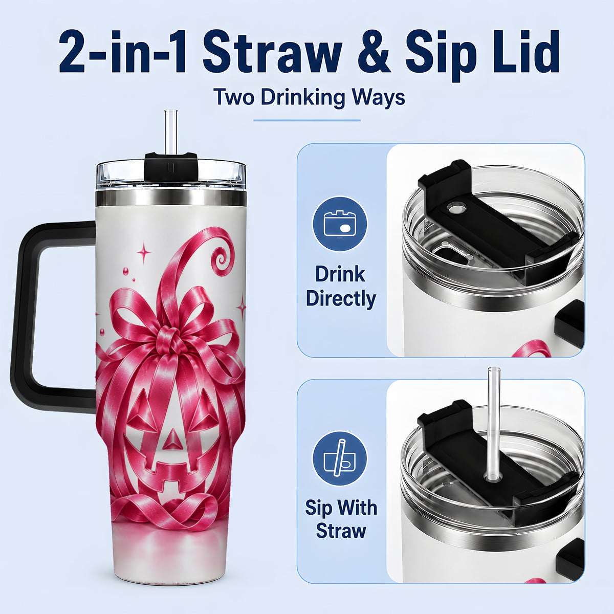 #pl[40oz|Black] Pink Bow Halloween Pumpkin 40oz Tumbler, Stainless Steel Drinkware