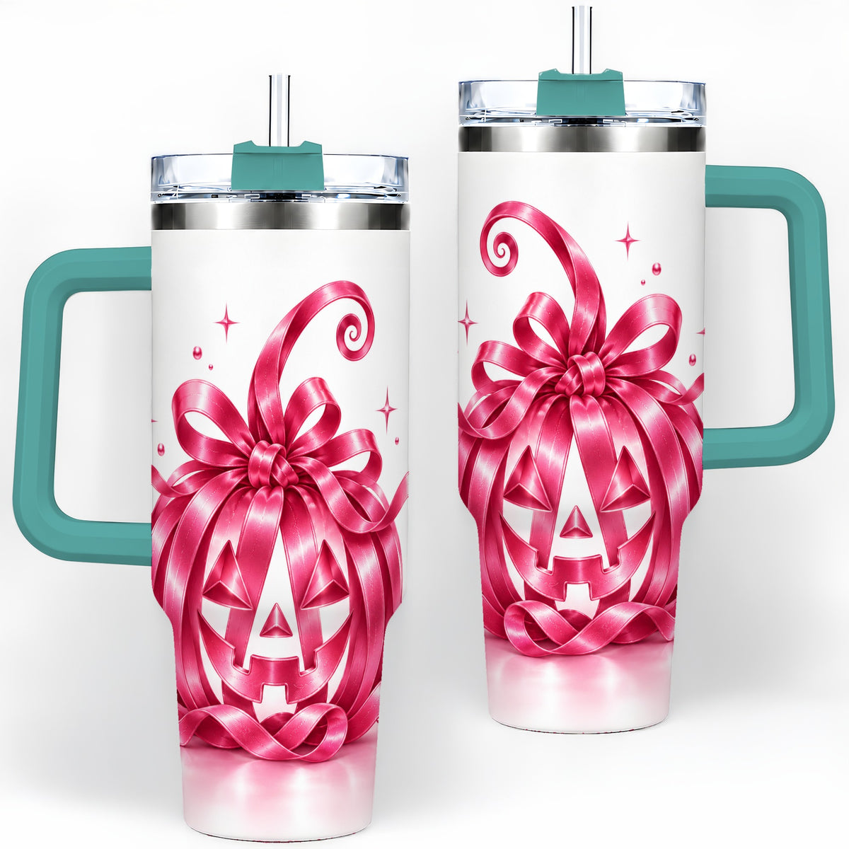 #pl[40oz|Green] Pink Bow Halloween Pumpkin 40oz Tumbler, Stainless Steel Drinkware