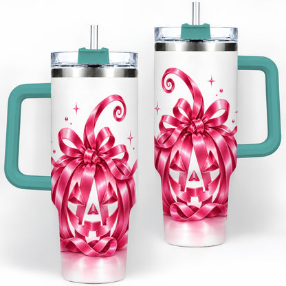 #pl[40oz|Green] Pink Bow Halloween Pumpkin 40oz Tumbler, Stainless Steel Drinkware