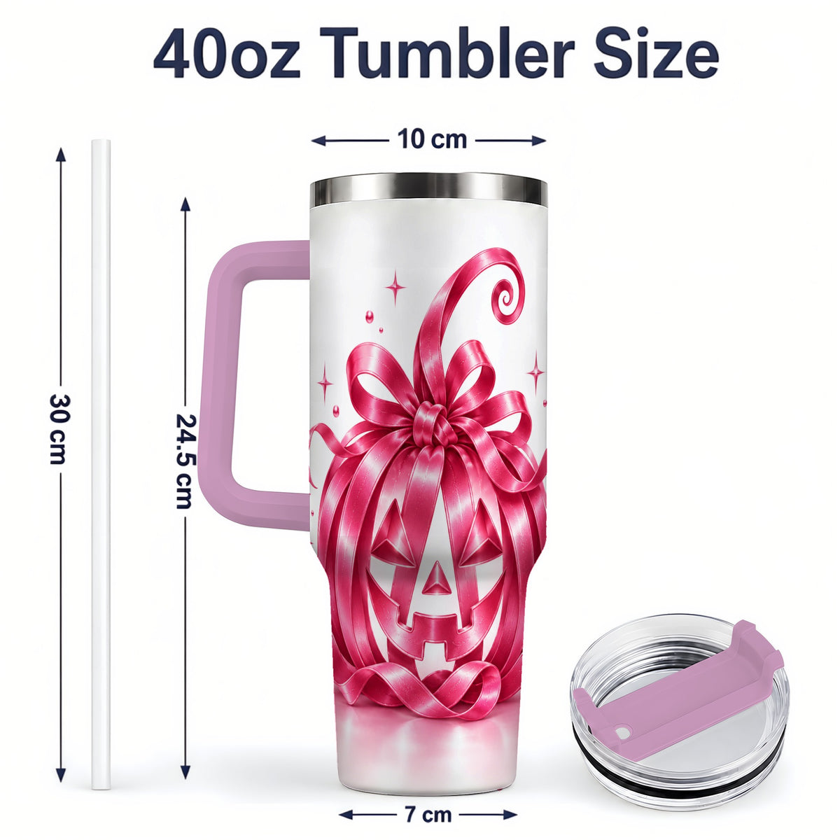 #pl[40oz|Pink] Pink Bow Halloween Pumpkin 40oz Tumbler, Stainless Steel Drinkware