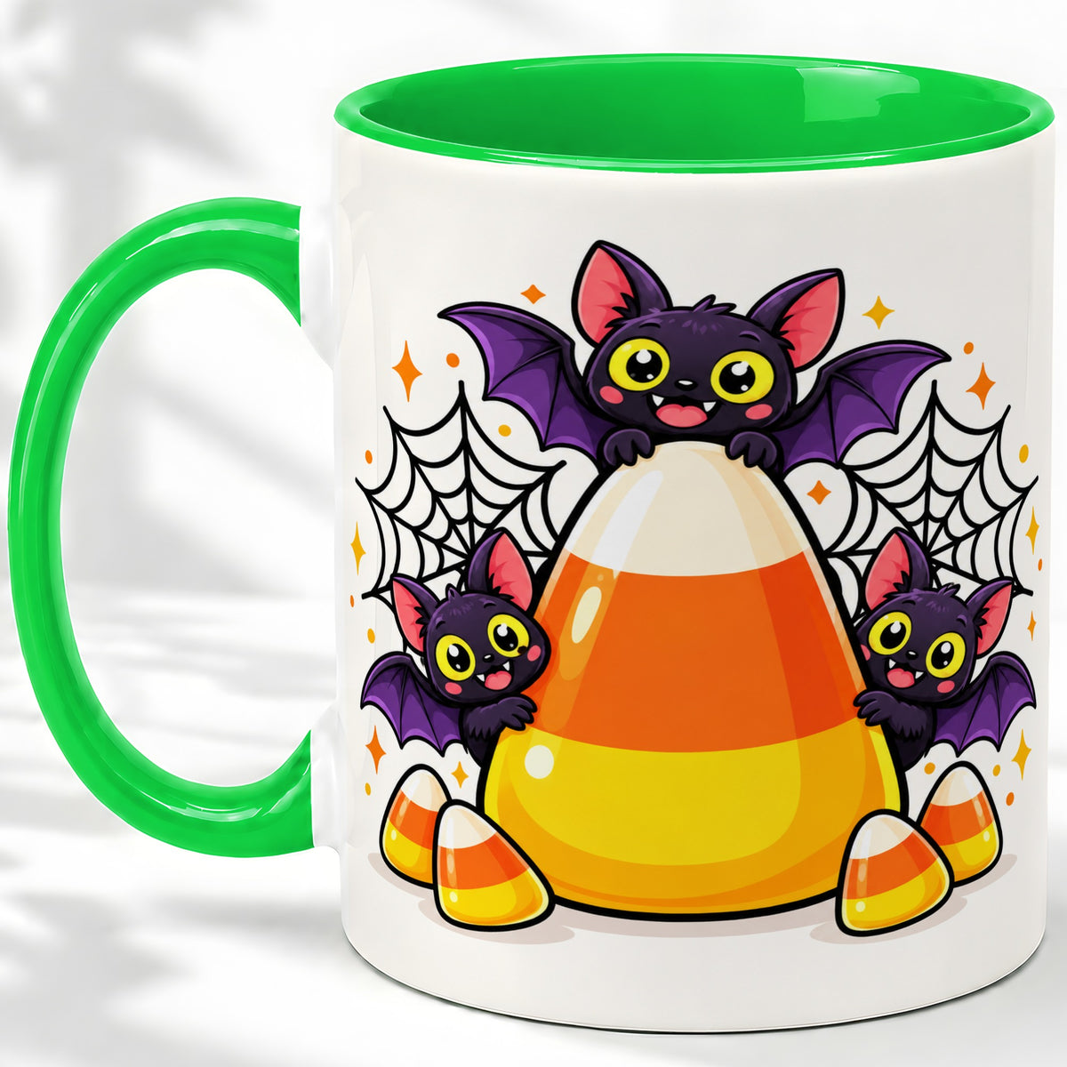 #pl[11oz|Green] Halloween Bat Candy Corn Ceramic Mug for Halloween Fans