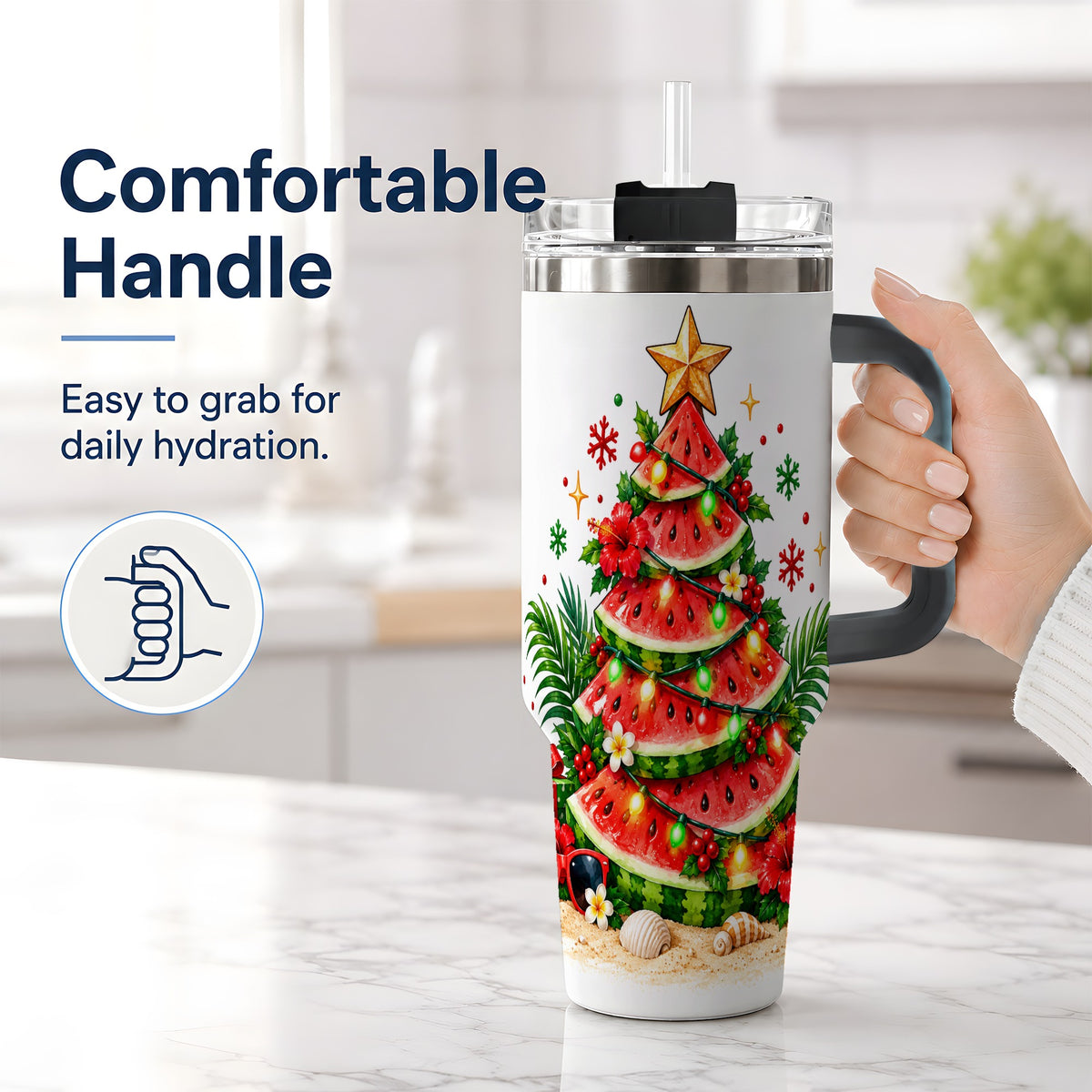 #pl[40oz|Black] Tropical Watermelon Christmas 40oz Tumbler with Beach Artwork