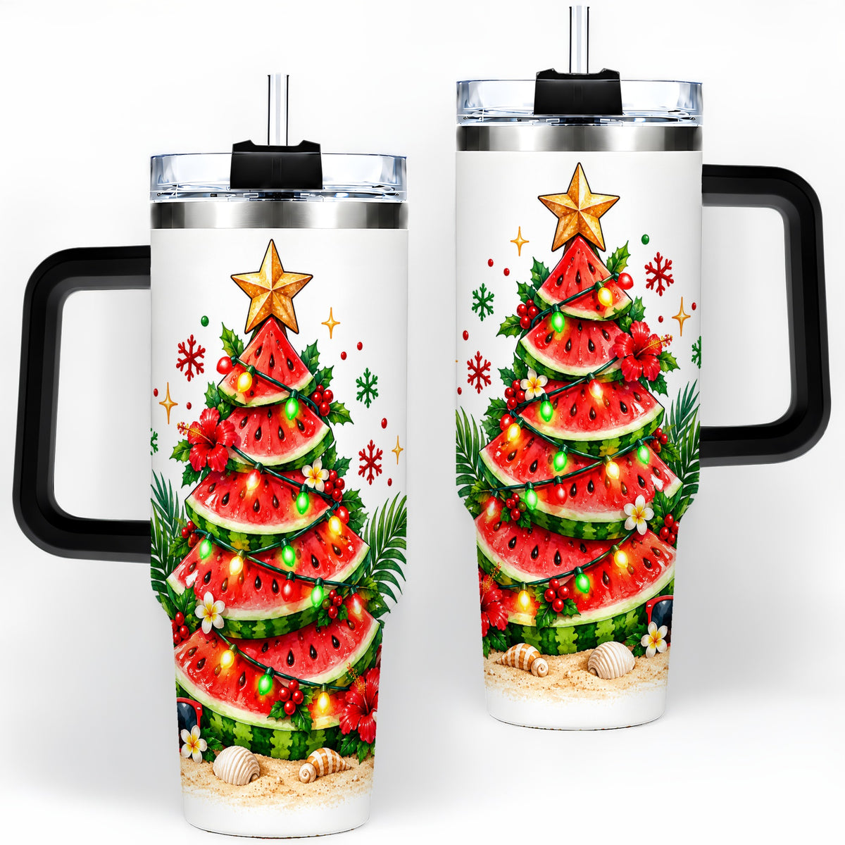 #pl[40oz|Black] Tropical Watermelon Christmas 40oz Tumbler with Beach Artwork