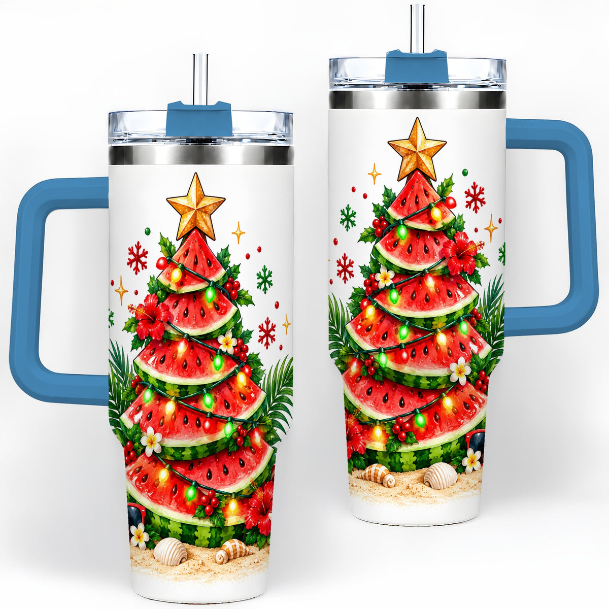 #pl[40oz|Blue] Tropical Watermelon Christmas 40oz Tumbler with Beach Artwork