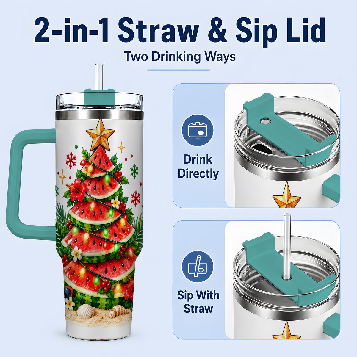 #pl[40oz|Green] Tropical Watermelon Christmas 40oz Tumbler with Beach Artwork