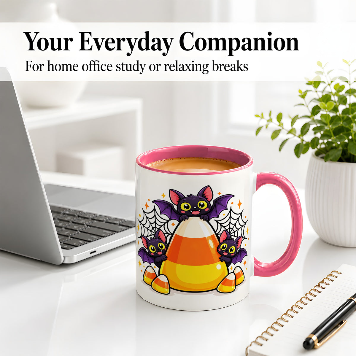 #pl[11oz|Pink] Halloween Bat Candy Corn Ceramic Mug for Halloween Fans