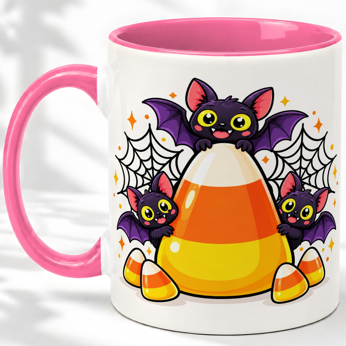 #pl[11oz|Pink] Halloween Bat Candy Corn Ceramic Mug for Halloween Fans