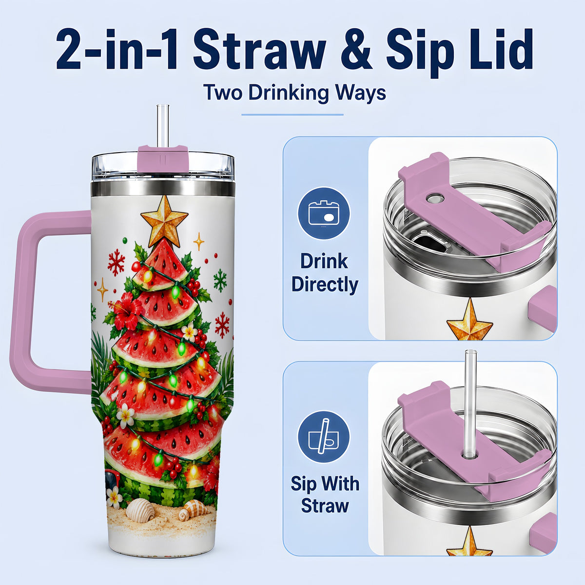 #pl[40oz|Pink] Tropical Watermelon Christmas 40oz Tumbler with Beach Artwork