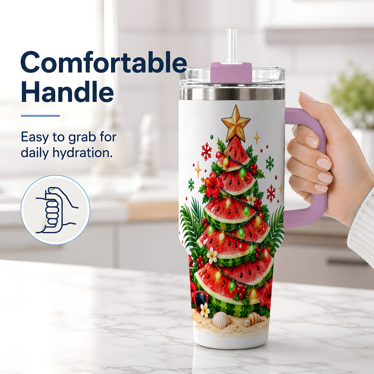 #pl[40oz|Pink] Tropical Watermelon Christmas 40oz Tumbler with Beach Artwork
