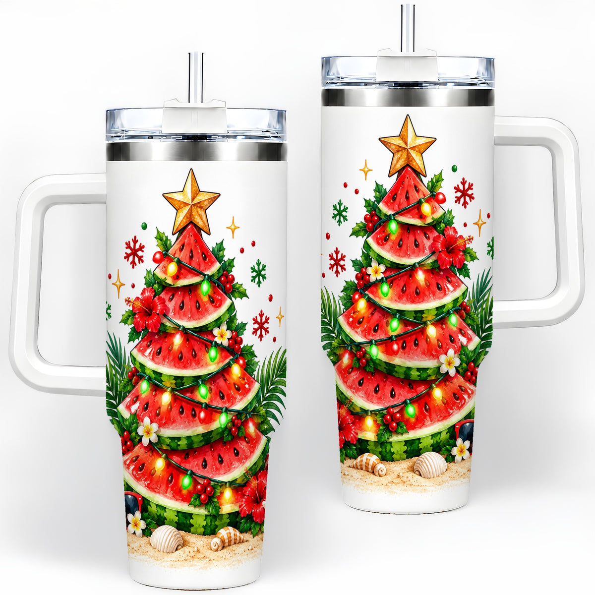 Tropical Watermelon Christmas 40oz Tumbler with Beach Artwork