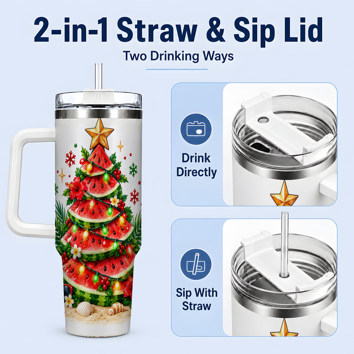 #pl[40oz|White] Tropical Watermelon Christmas 40oz Tumbler with Beach Artwork