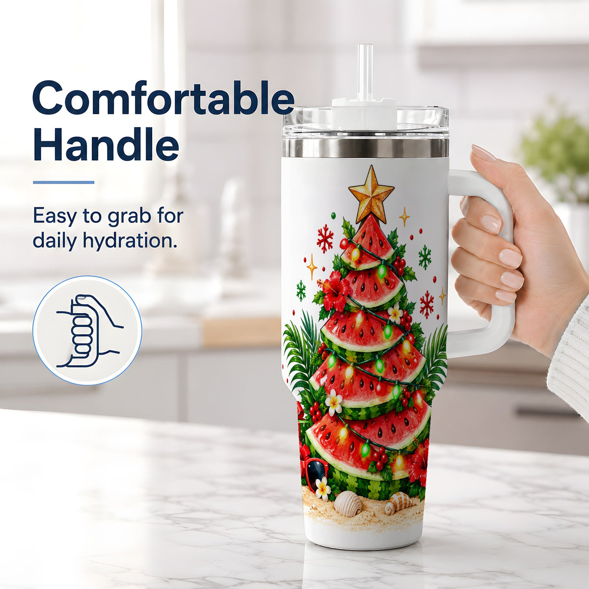 #pl[40oz|White] Tropical Watermelon Christmas 40oz Tumbler with Beach Artwork