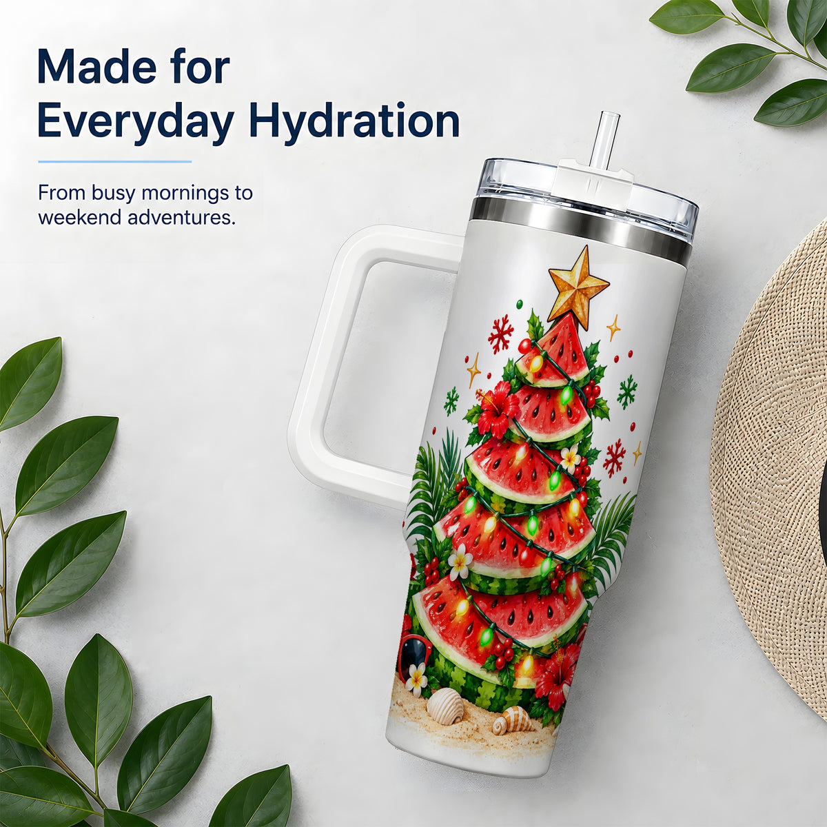 Tropical Watermelon Christmas 40oz Tumbler with Beach Artwork