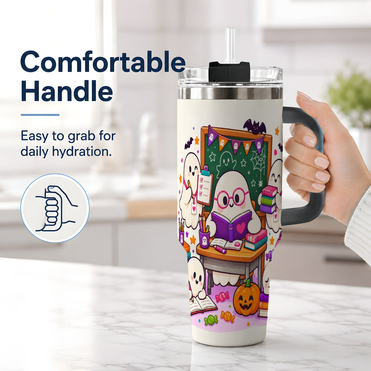 #pl[40oz|Black] Cute Ghost School Halloween 40oz Tumbler for Teachers