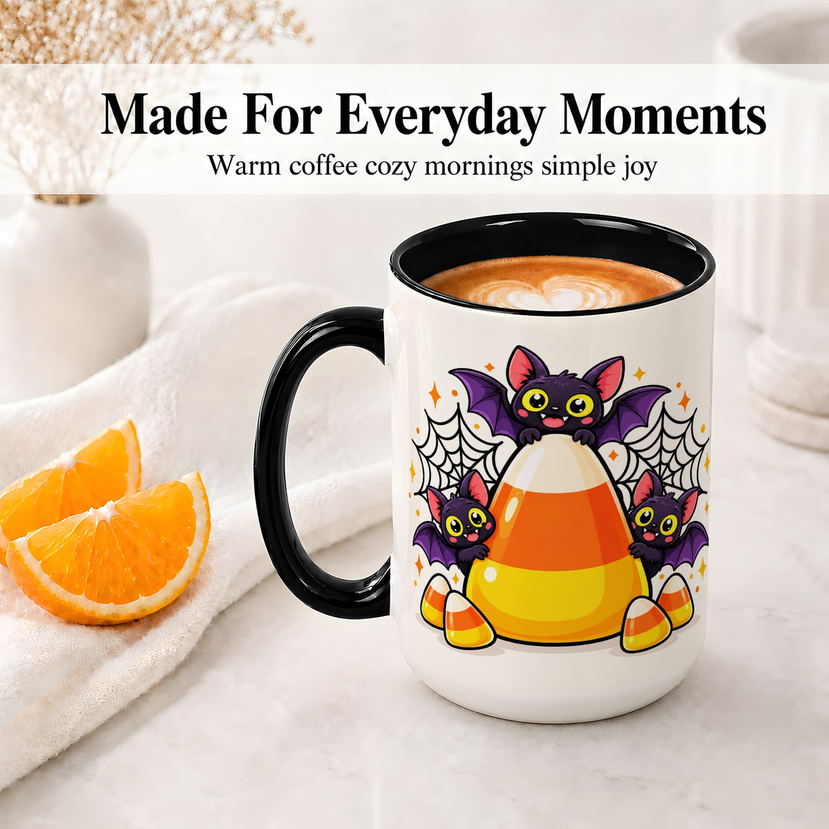 #pl[15oz|Black] Halloween Bat Candy Corn Ceramic Mug for Halloween Fans