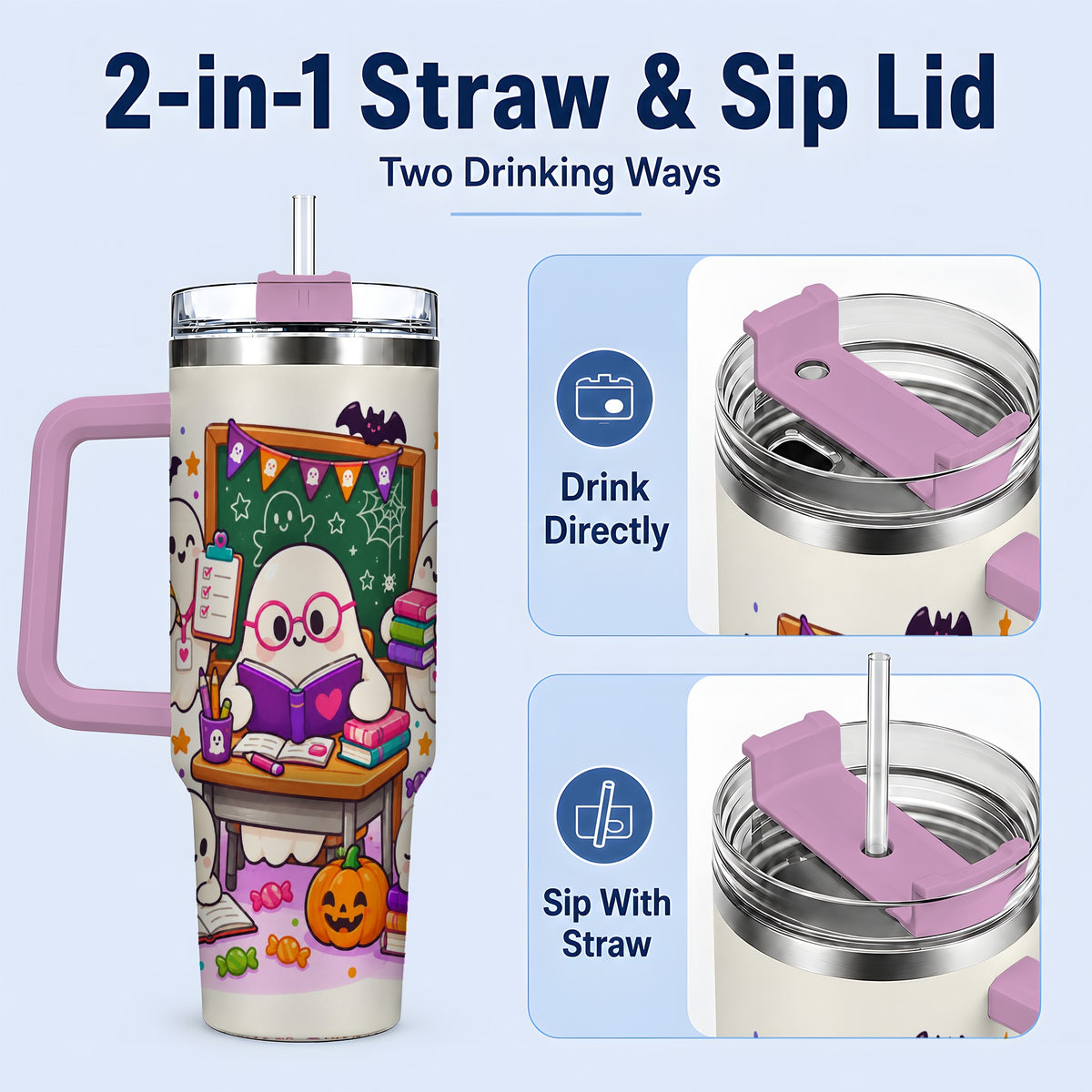 #pl[40oz|Pink] Cute Ghost School Halloween 40oz Tumbler for Teachers