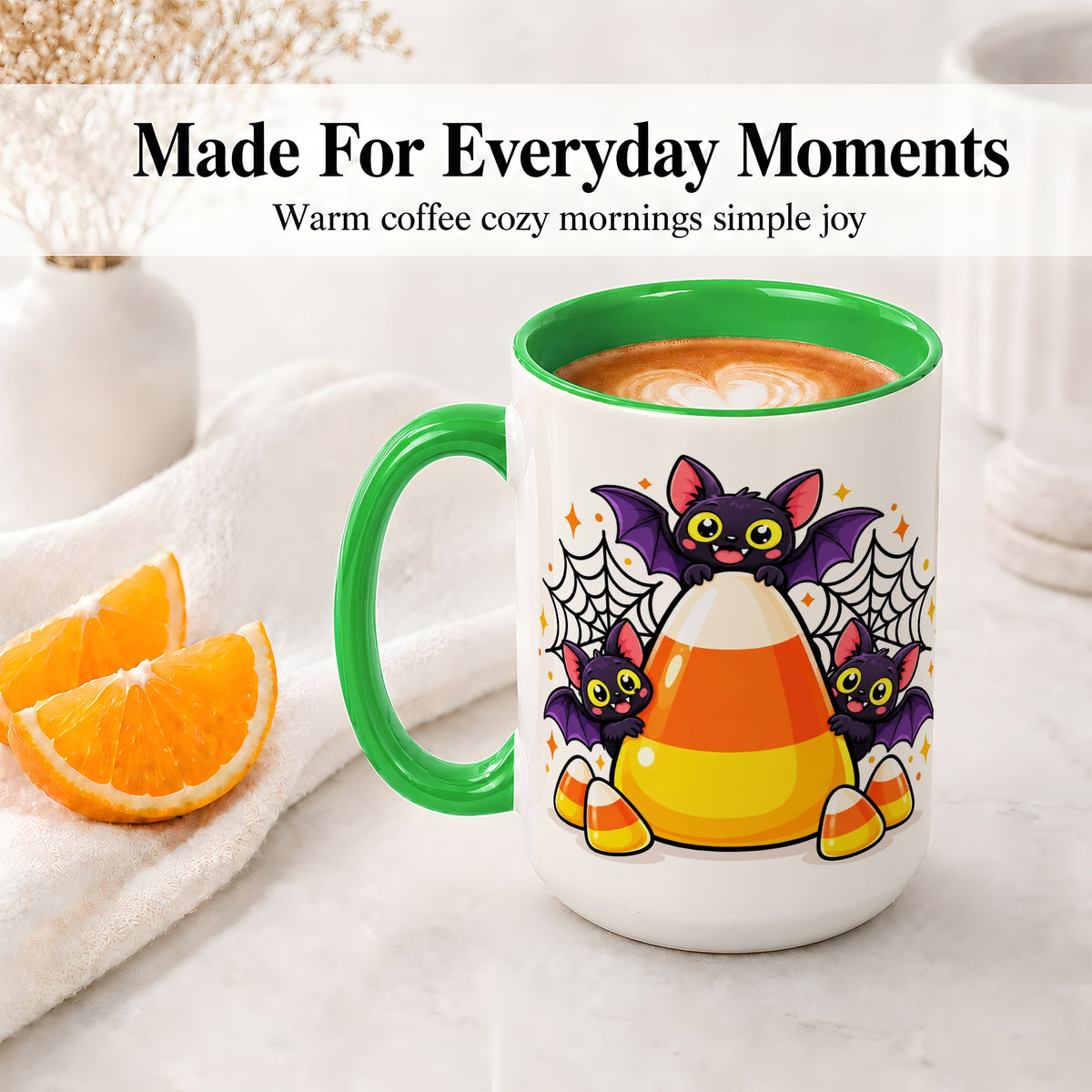 #pl[15oz|Green] Halloween Bat Candy Corn Ceramic Mug for Halloween Fans