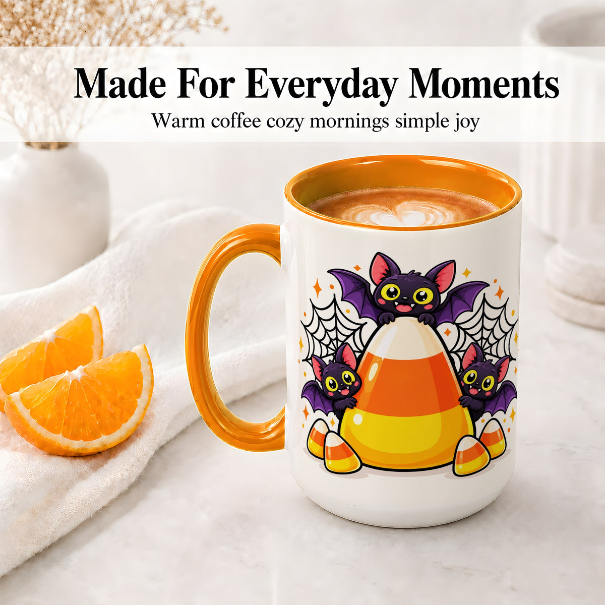 #pl[15oz|Orange] Halloween Bat Candy Corn Ceramic Mug for Halloween Fans