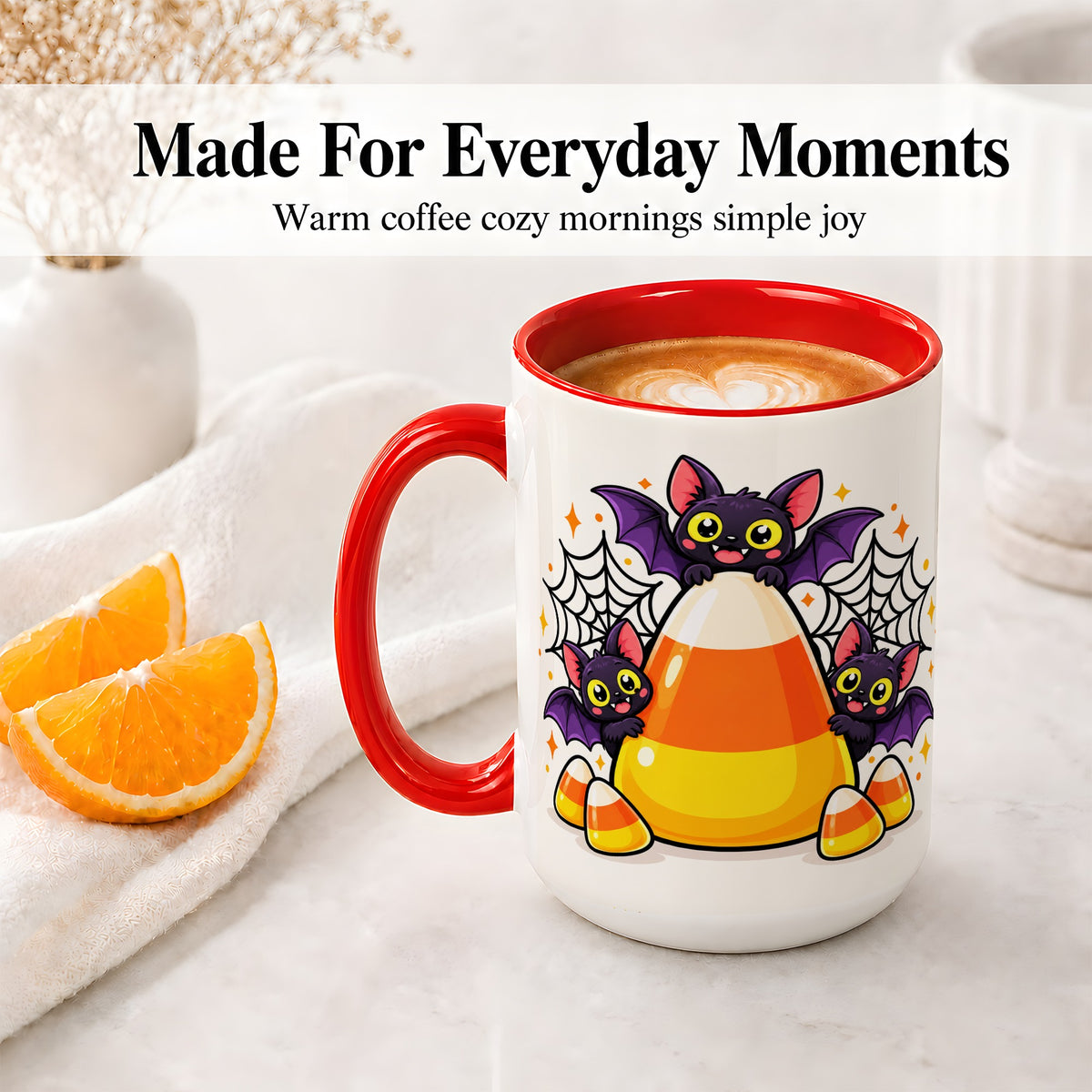 #pl[15oz|Red] Halloween Bat Candy Corn Ceramic Mug for Halloween Fans