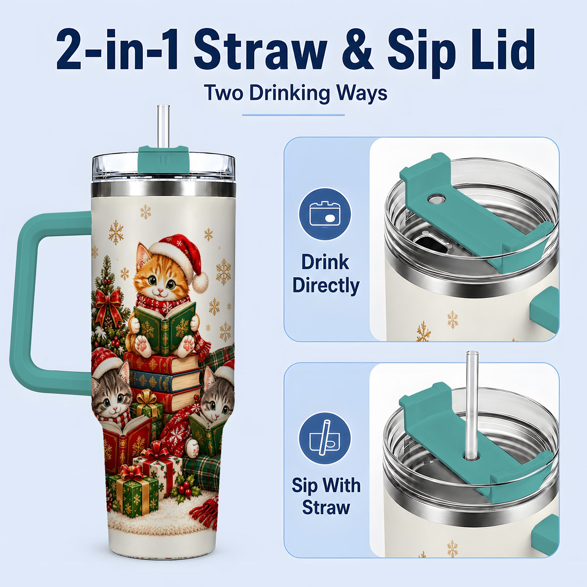 #pl[40oz|Green] Christmas Cat Reading 40oz Tumbler for Cat Lovers