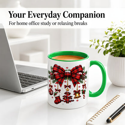 #pl[11oz|Green] Plaid Christmas Bow Ceramic Mug for Holiday Fans