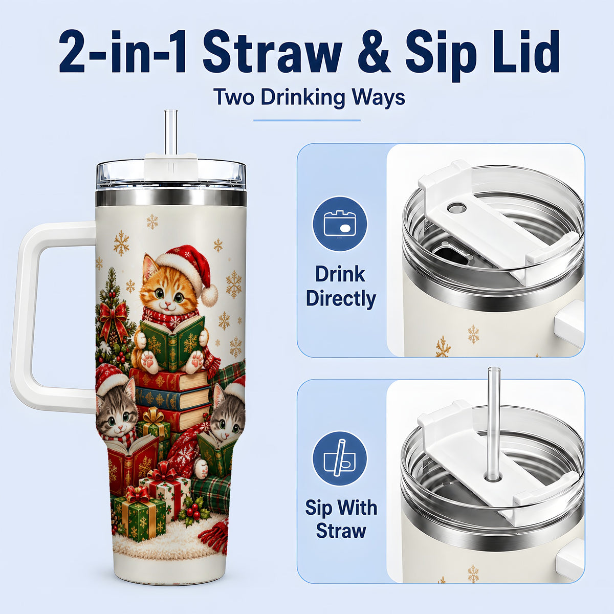 #pl[40oz|White] Christmas Cat Reading 40oz Tumbler for Cat Lovers