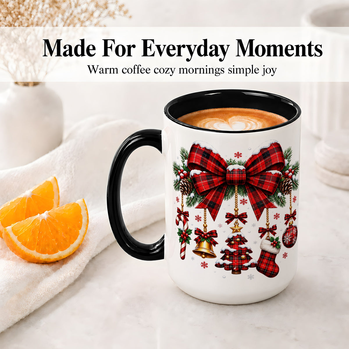 #pl[15oz|Black] Plaid Christmas Bow Ceramic Mug for Holiday Fans