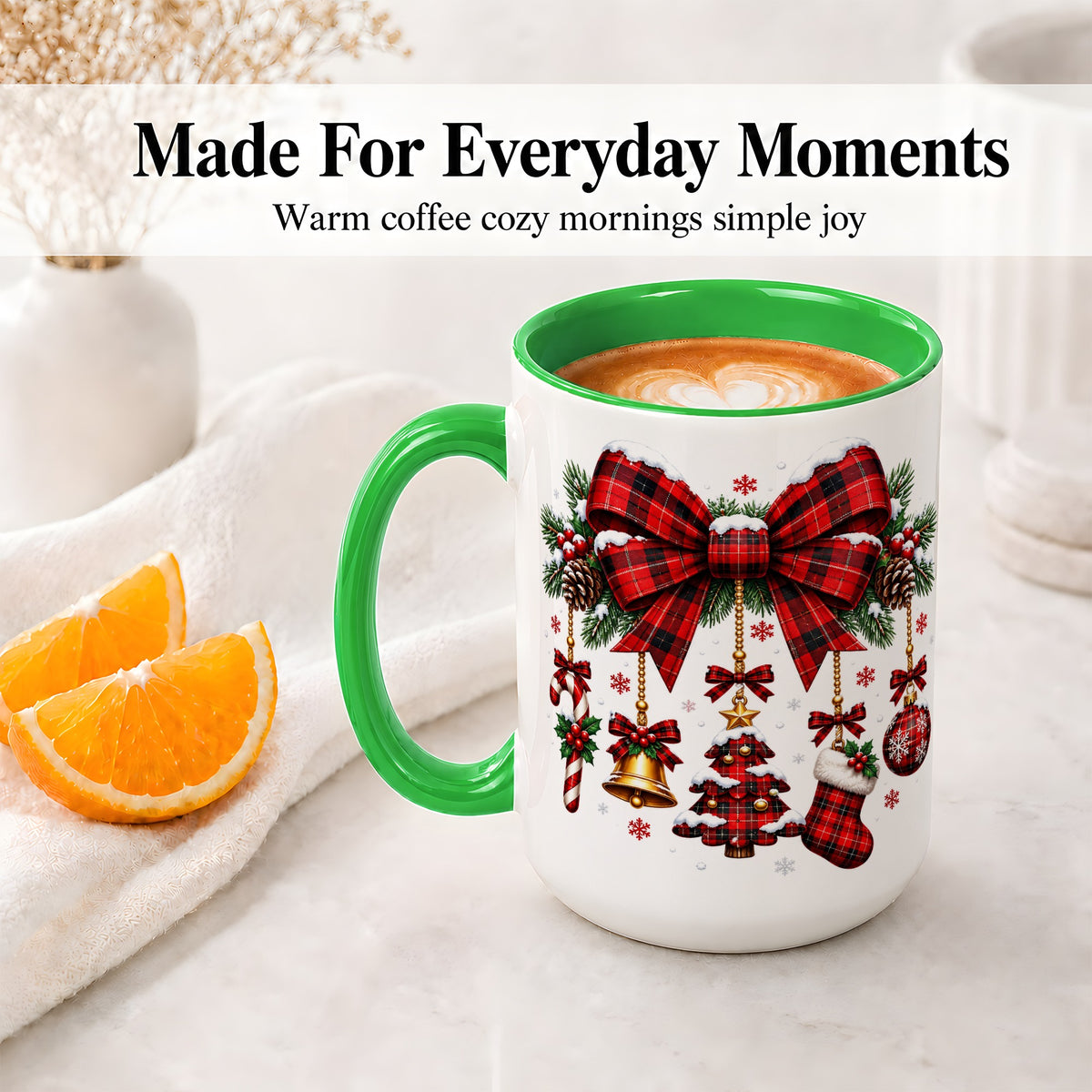 #pl[15oz|Green] Plaid Christmas Bow Ceramic Mug for Holiday Fans