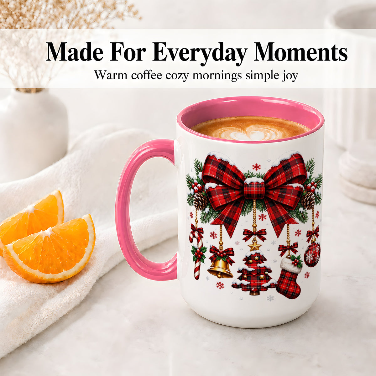 #pl[15oz|Pink] Plaid Christmas Bow Ceramic Mug for Holiday Fans