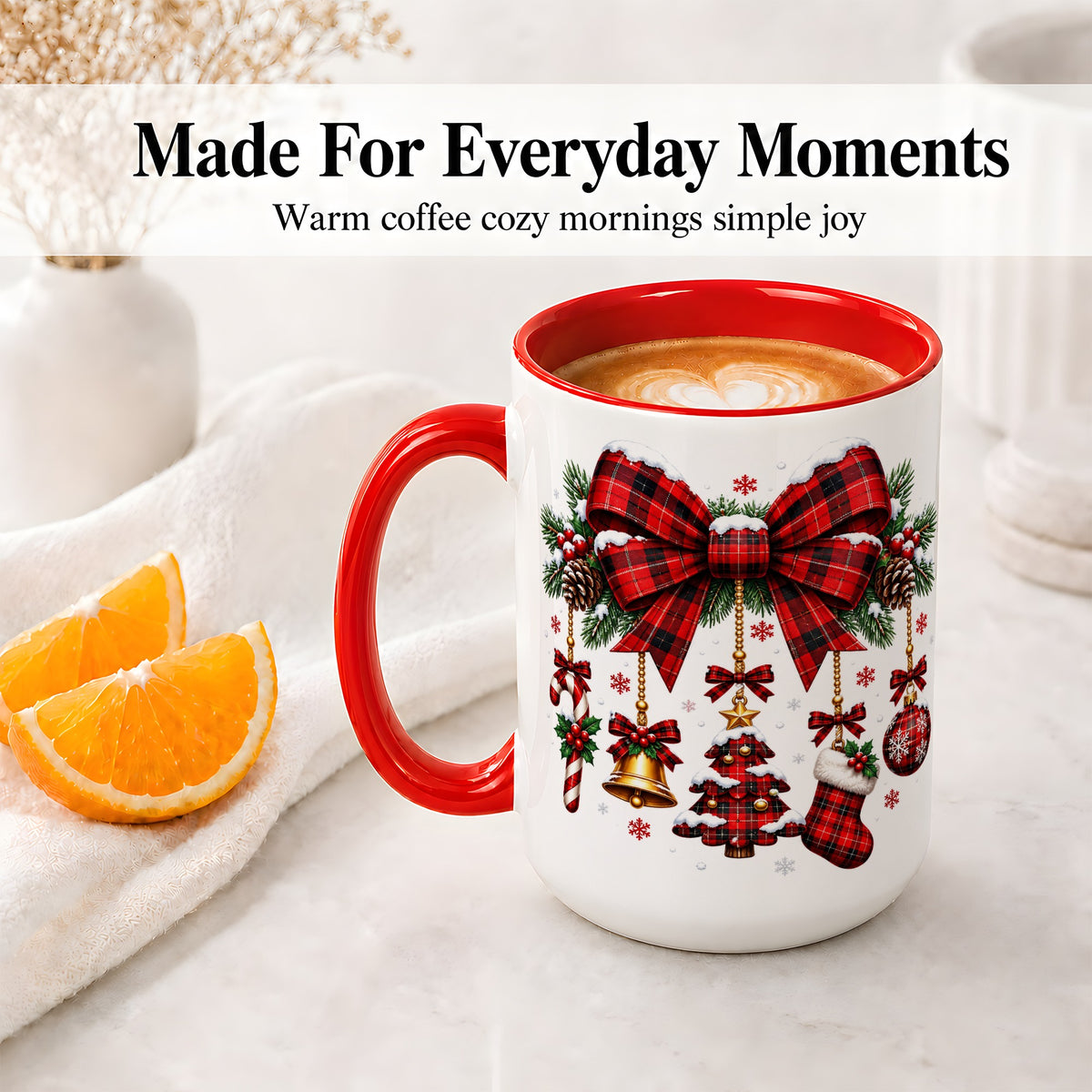 #pl[15oz|Red] Plaid Christmas Bow Ceramic Mug for Holiday Fans