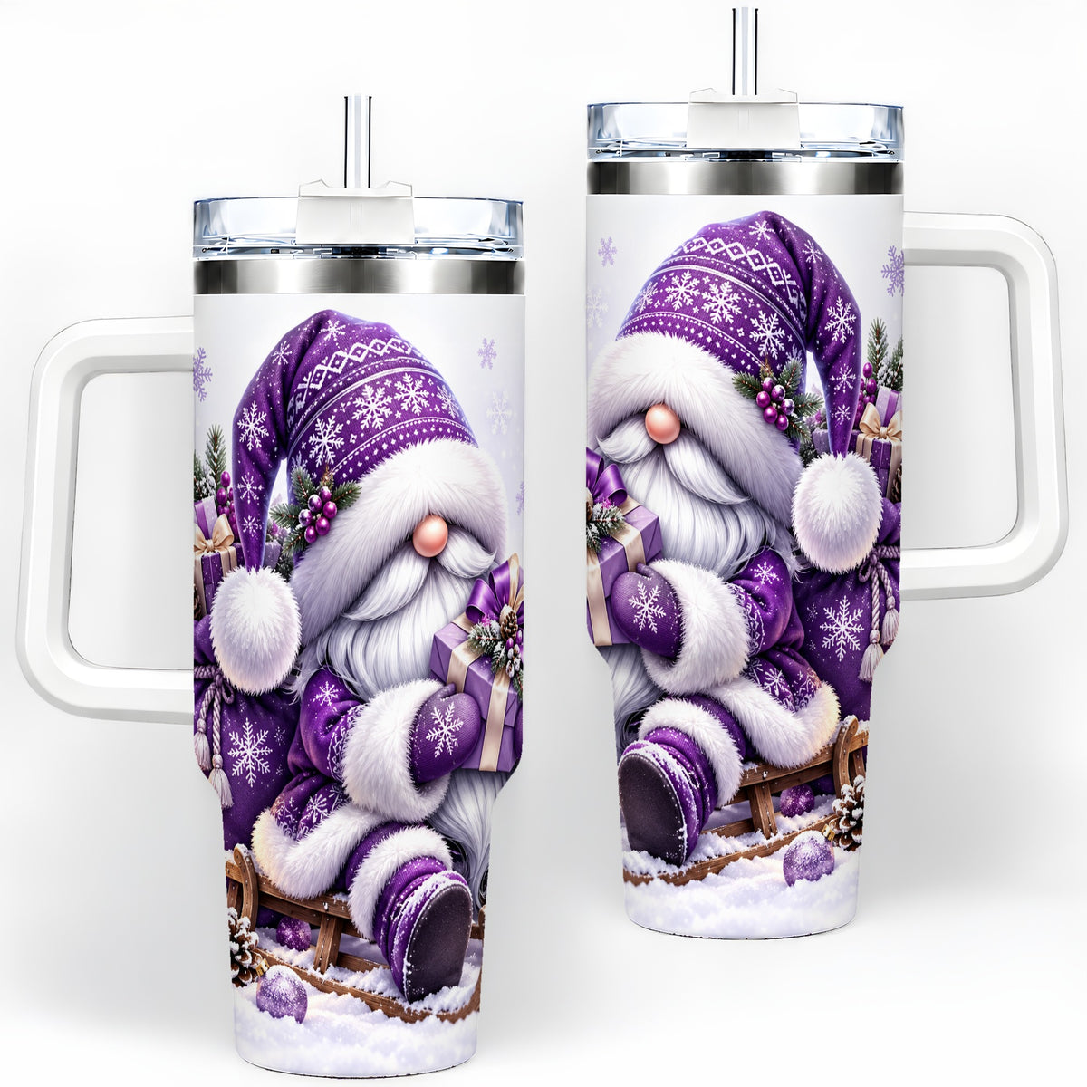 Purple Christmas Gnome 40oz Tumbler with Winter Artwork